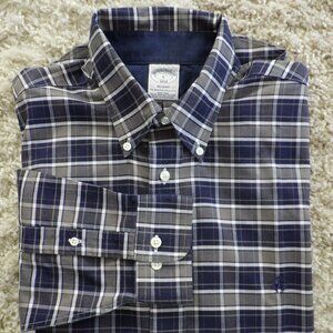 Brooks Brothers Mens Dress Shirt Regent 1818 Size L Blue Grey Plaid Long Sleeve
